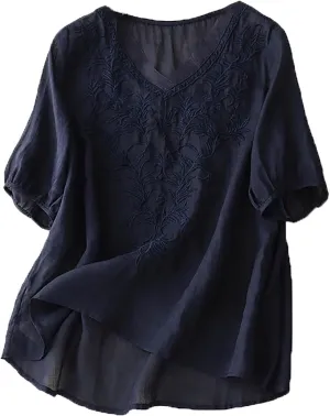 Womens Linen Shirts V-Neck Retro Blouse Boho Oversized Tshirts Short Sleeve Loose Fit Shirt