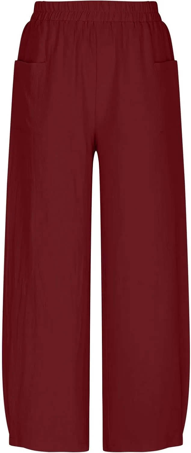 Womens Linen Wide Leg Harem Pants Elastic High Waist Slacks Lightweight Loose Casual Long Lounge Trousers with Pockets