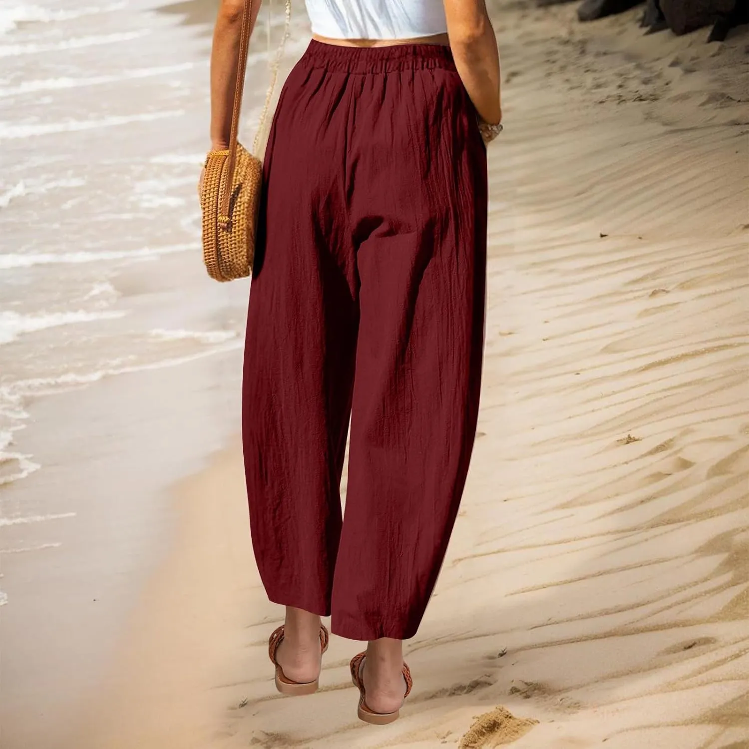 Womens Linen Wide Leg Harem Pants Elastic High Waist Slacks Lightweight Loose Casual Long Lounge Trousers with Pockets