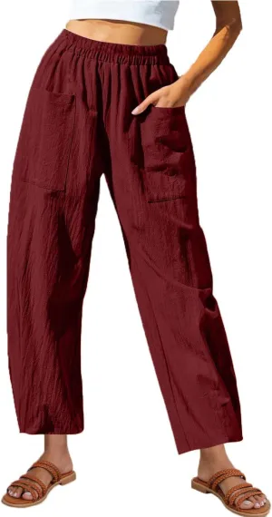 Womens Linen Wide Leg Harem Pants Elastic High Waist Slacks Lightweight Loose Casual Long Lounge Trousers with Pockets