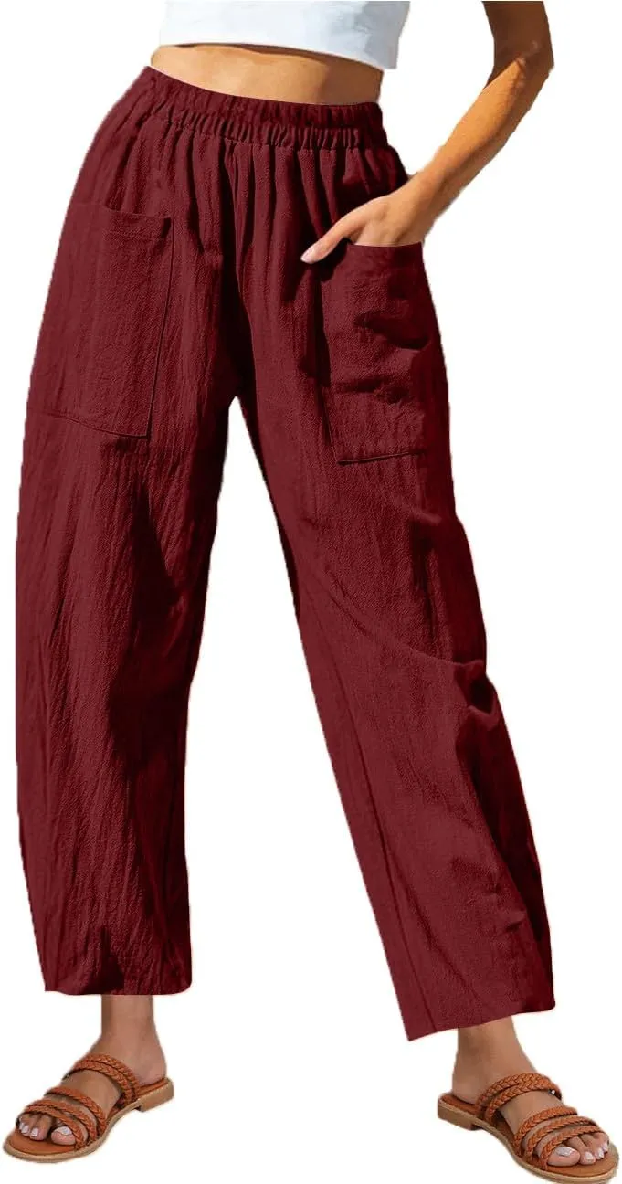 Womens Linen Wide Leg Harem Pants Elastic High Waist Slacks Lightweight Loose Casual Long Lounge Trousers with Pockets