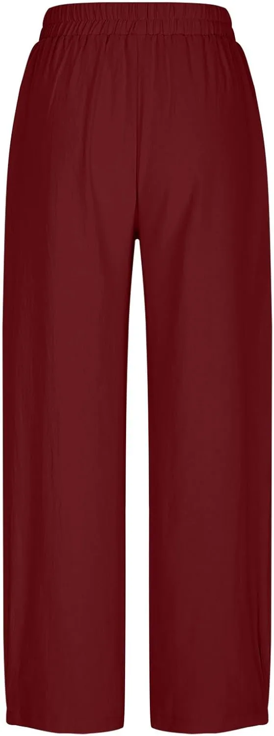 Womens Linen Wide Leg Harem Pants Elastic High Waist Slacks Lightweight Loose Casual Long Lounge Trousers with Pockets