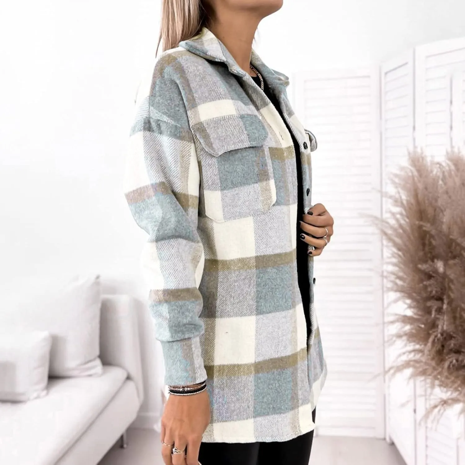 Womens Long Trench Coats Shacket Jacket Flannel Plaid Button Down Long Sleeve Jackets Thick Wool Blend Peacoat