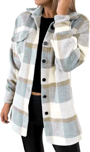 Womens Long Trench Coats Shacket Jacket Flannel Plaid Button Down Long Sleeve Jackets Thick Wool Blend Peacoat