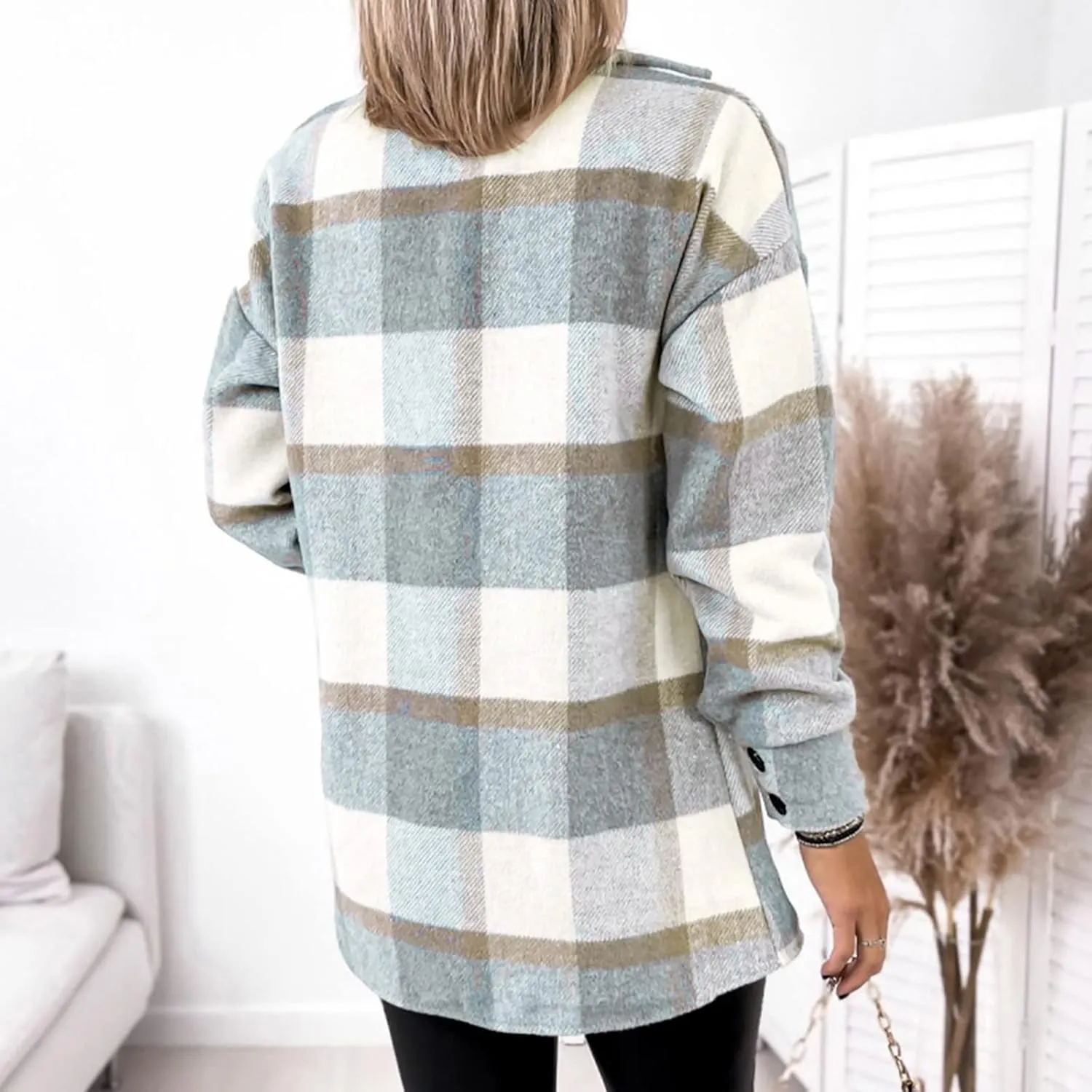 Womens Long Trench Coats Shacket Jacket Flannel Plaid Button Down Long Sleeve Jackets Thick Wool Blend Peacoat