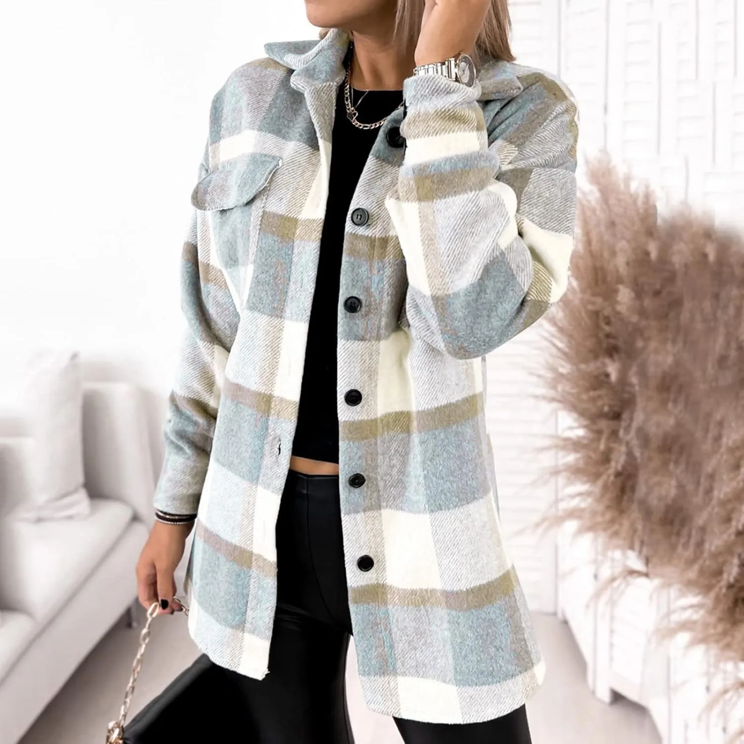 Womens Long Trench Coats Shacket Jacket Flannel Plaid Button Down Long Sleeve Jackets Thick Wool Blend Peacoat