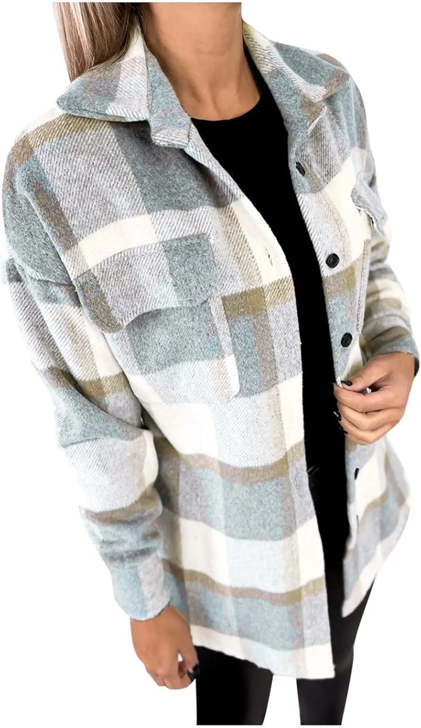 Womens Long Trench Coats Shacket Jacket Flannel Plaid Button Down Long Sleeve Jackets Thick Wool Blend Peacoat