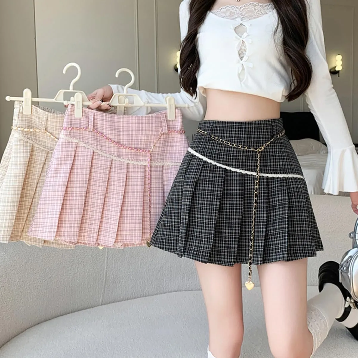 Womens Mini Skirt Fashion Y2K Casual High Waist A-Line Cute Lace Trimmed Decorative Plaid Pleated Skirt