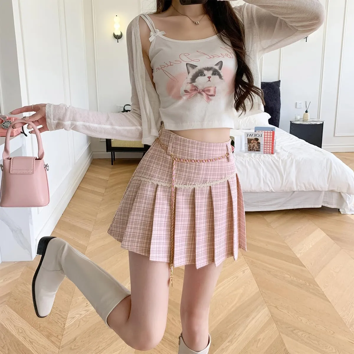 Womens Mini Skirt Fashion Y2K Casual High Waist A-Line Cute Lace Trimmed Decorative Plaid Pleated Skirt