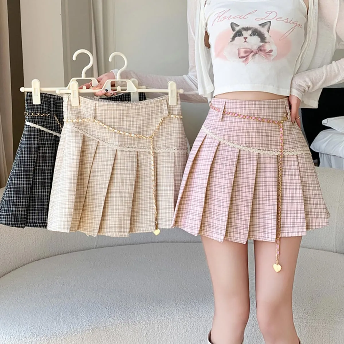 Womens Mini Skirt Fashion Y2K Casual High Waist A-Line Cute Lace Trimmed Decorative Plaid Pleated Skirt