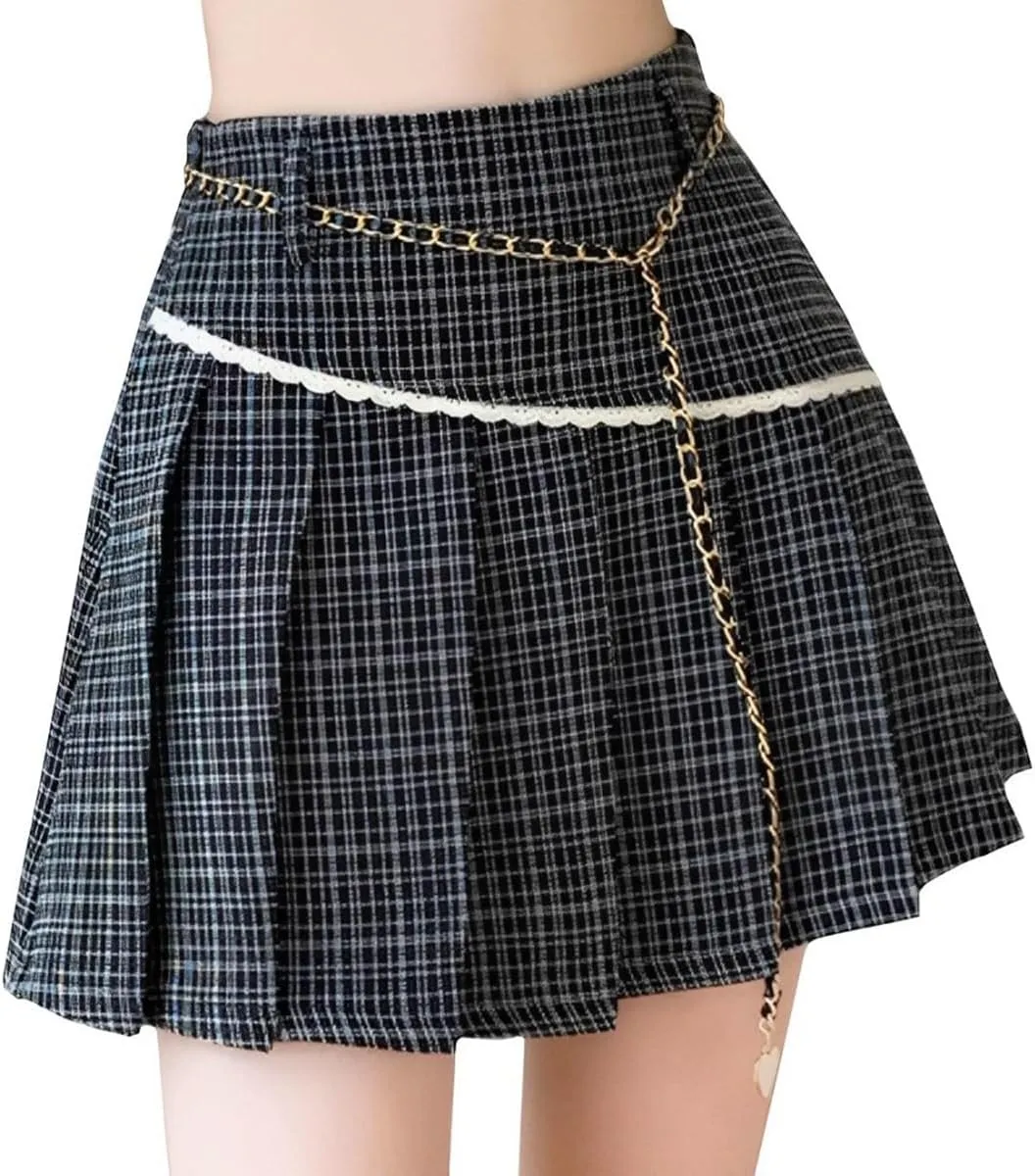 Womens Mini Skirt Fashion Y2K Casual High Waist A-Line Cute Lace Trimmed Decorative Plaid Pleated Skirt