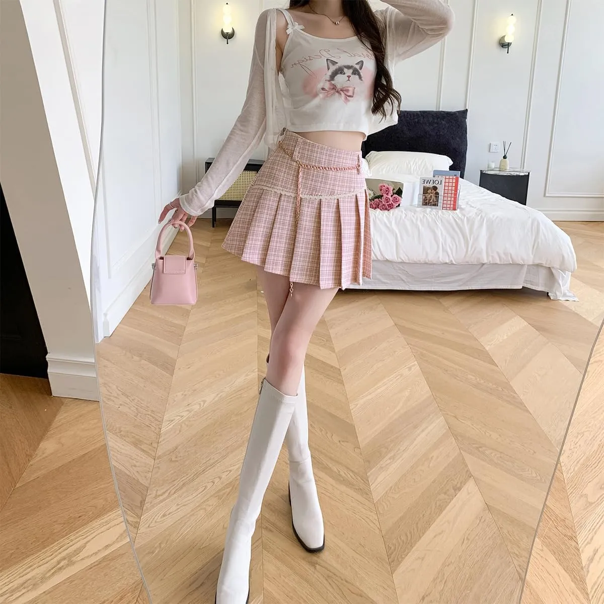 Womens Mini Skirt Fashion Y2K Casual High Waist A-Line Cute Lace Trimmed Decorative Plaid Pleated Skirt