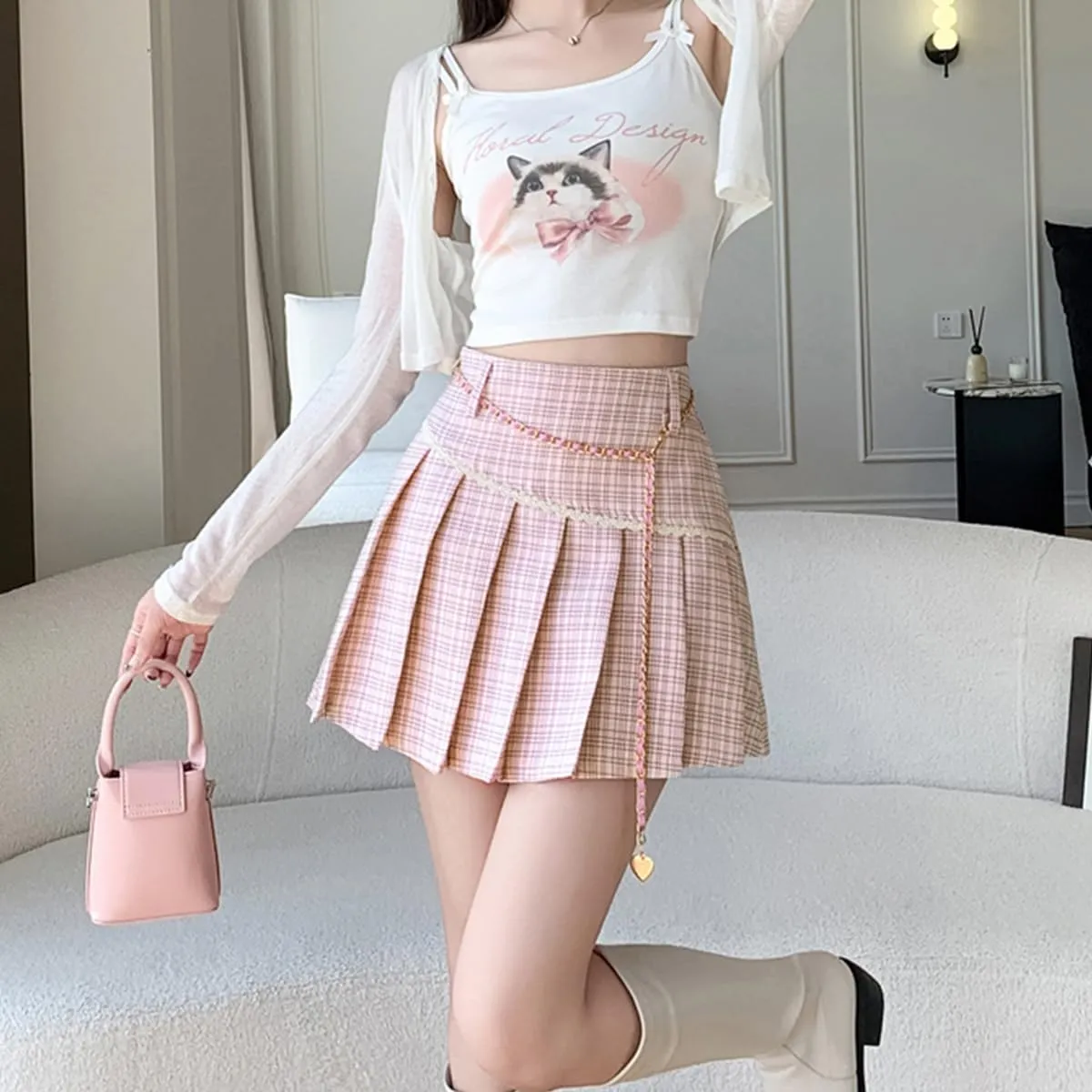 Womens Mini Skirt Fashion Y2K Casual High Waist A-Line Cute Lace Trimmed Decorative Plaid Pleated Skirt