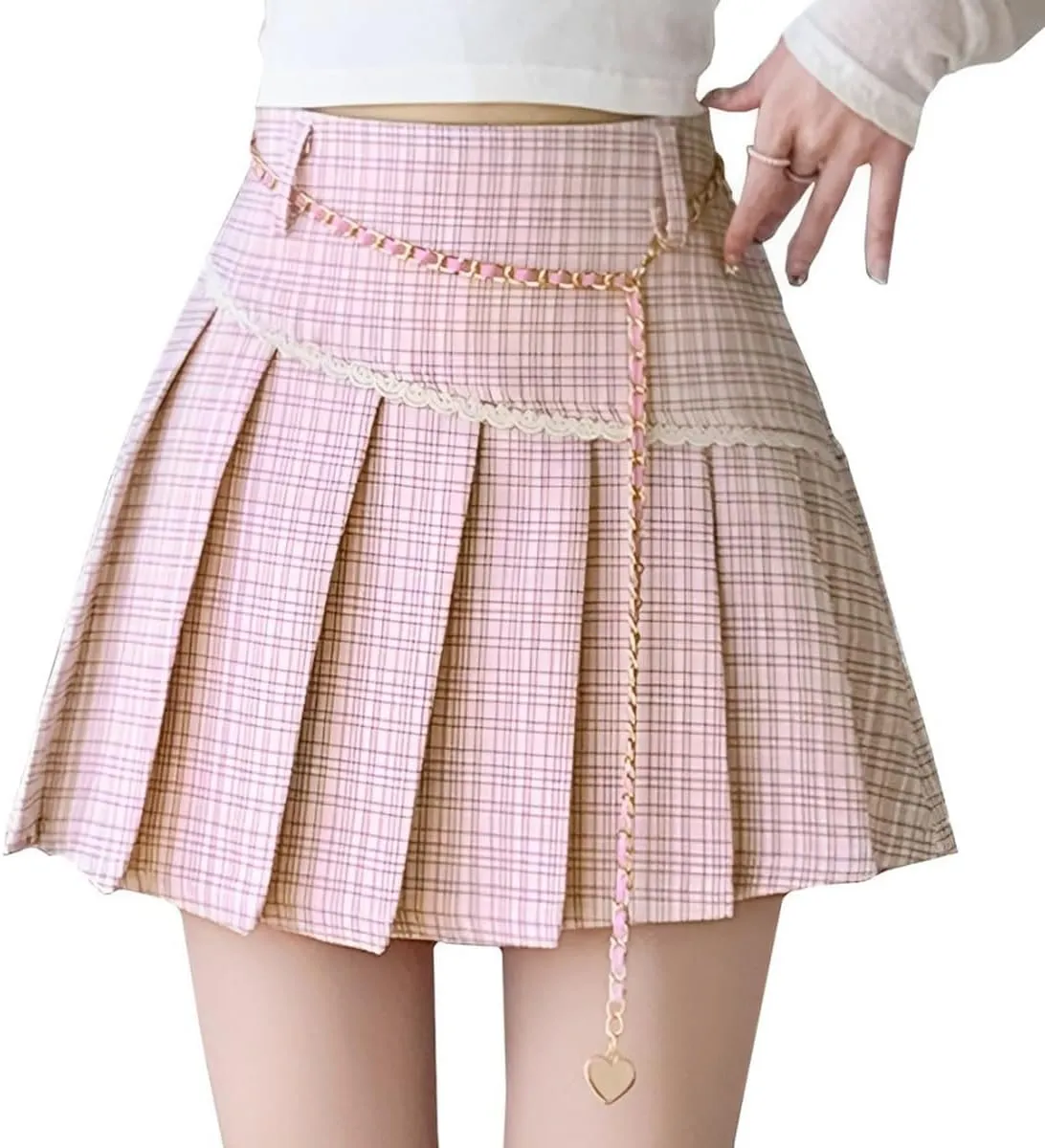 Womens Mini Skirt Fashion Y2K Casual High Waist A-Line Cute Lace Trimmed Decorative Plaid Pleated Skirt