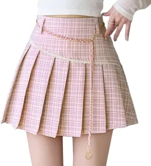 Womens Mini Skirt Fashion Y2K Casual High Waist A-Line Cute Lace Trimmed Decorative Plaid Pleated Skirt