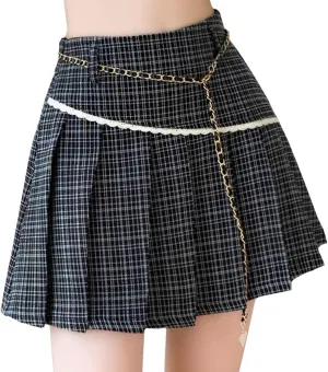 Womens Mini Skirt Fashion Y2K Casual High Waist A-Line Cute Lace Trimmed Decorative Plaid Pleated Skirt