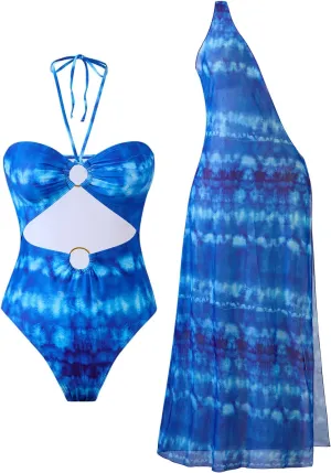 Women's One Piece Swimsuit with Cover up Set Beach Skirt Retro Swimsuit for Women Two Piece Bathing Suit