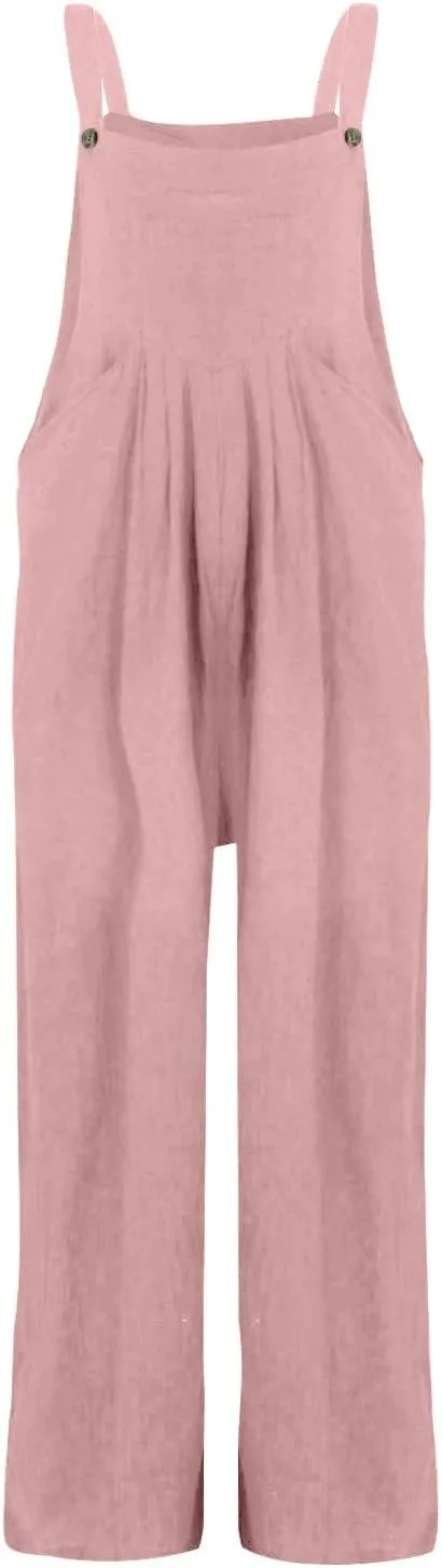 Womens Overalls Loose Fit Linen Bib Wide Leg Jumpsuits Casual Summer Adjustable Strap Beach Rompers with Pockets