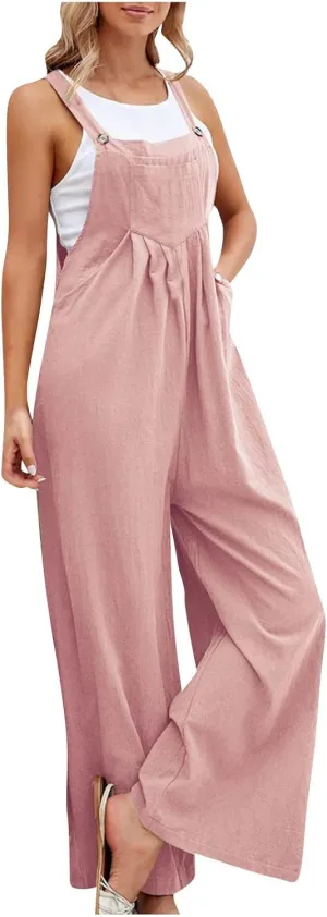 Womens Overalls Loose Fit Linen Bib Wide Leg Jumpsuits Casual Summer Adjustable Strap Beach Rompers with Pockets