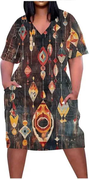 Women's Oversized Summer Sundresses Fashion Printed Loose Casual Dress Short Sleeved Knee Length Dress Beachwear