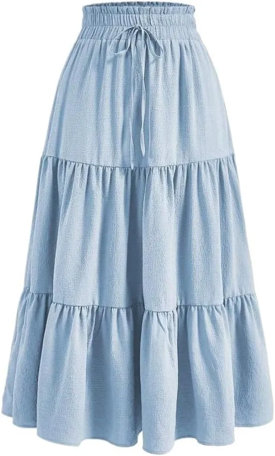 Womens Paperbag Waist Ruffle Hem Knot Front Skirt Long Skirts for Women