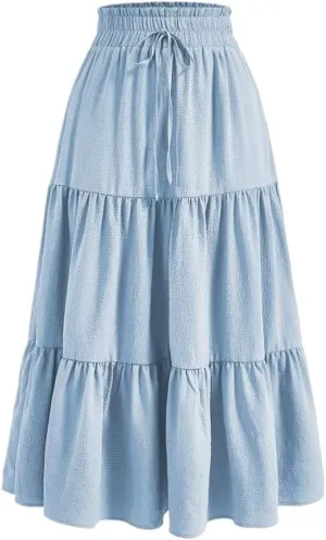Womens Paperbag Waist Ruffle Hem Knot Front Skirt Long Skirts for Women
