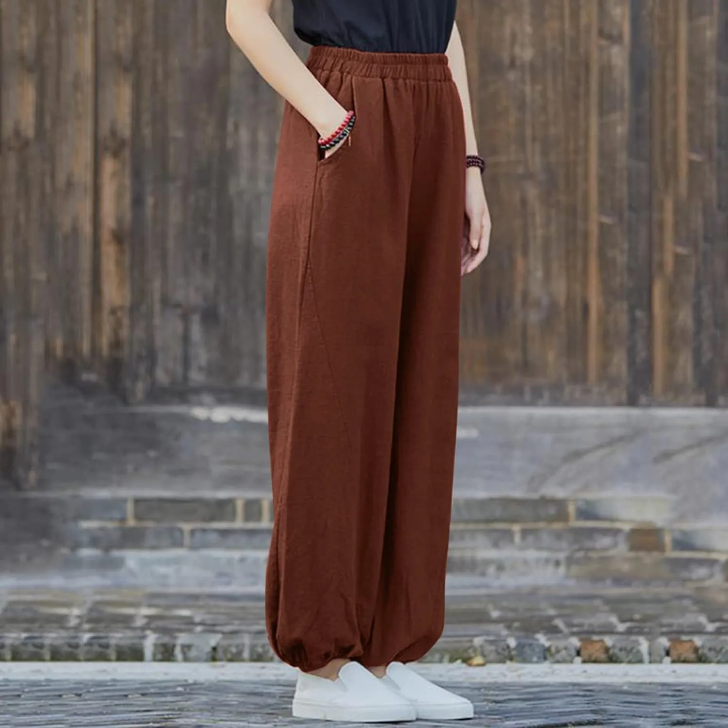 Women's Parachute Pants Joggers Cotton Linen Lounge Sweatpants Elastic Waist Casual Running Track Pants with Pockets