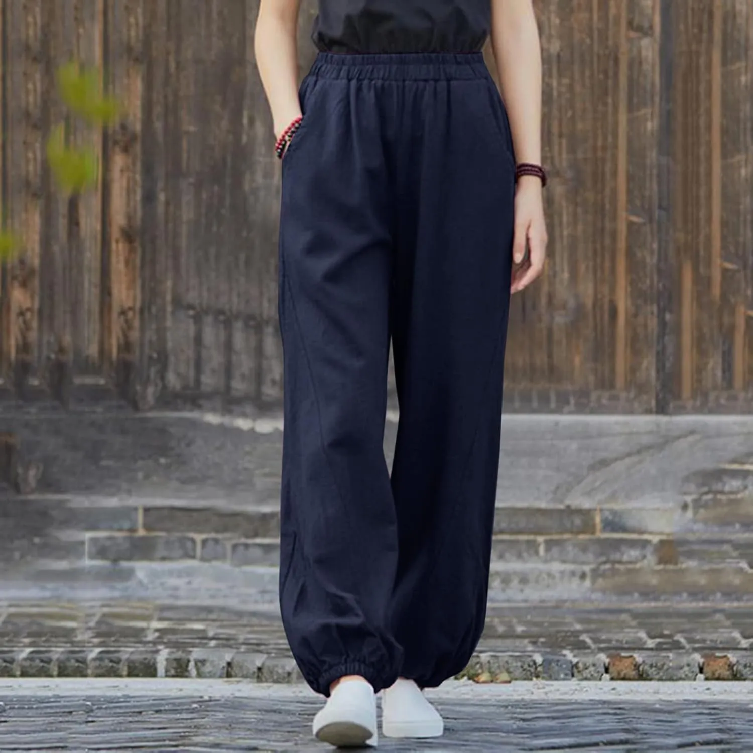 Women's Parachute Pants Joggers Cotton Linen Lounge Sweatpants Elastic Waist Casual Running Track Pants with Pockets