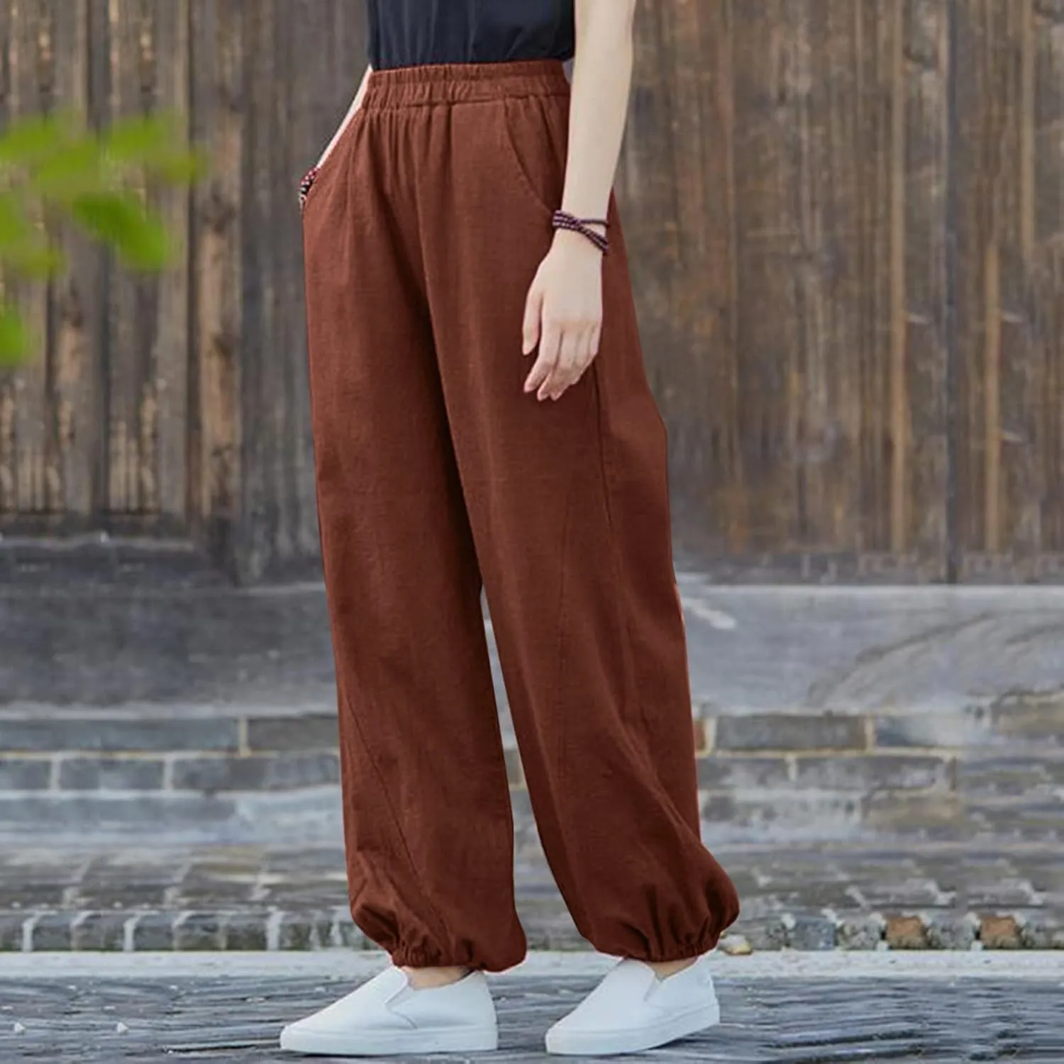 Women's Parachute Pants Joggers Cotton Linen Lounge Sweatpants Elastic Waist Casual Running Track Pants with Pockets