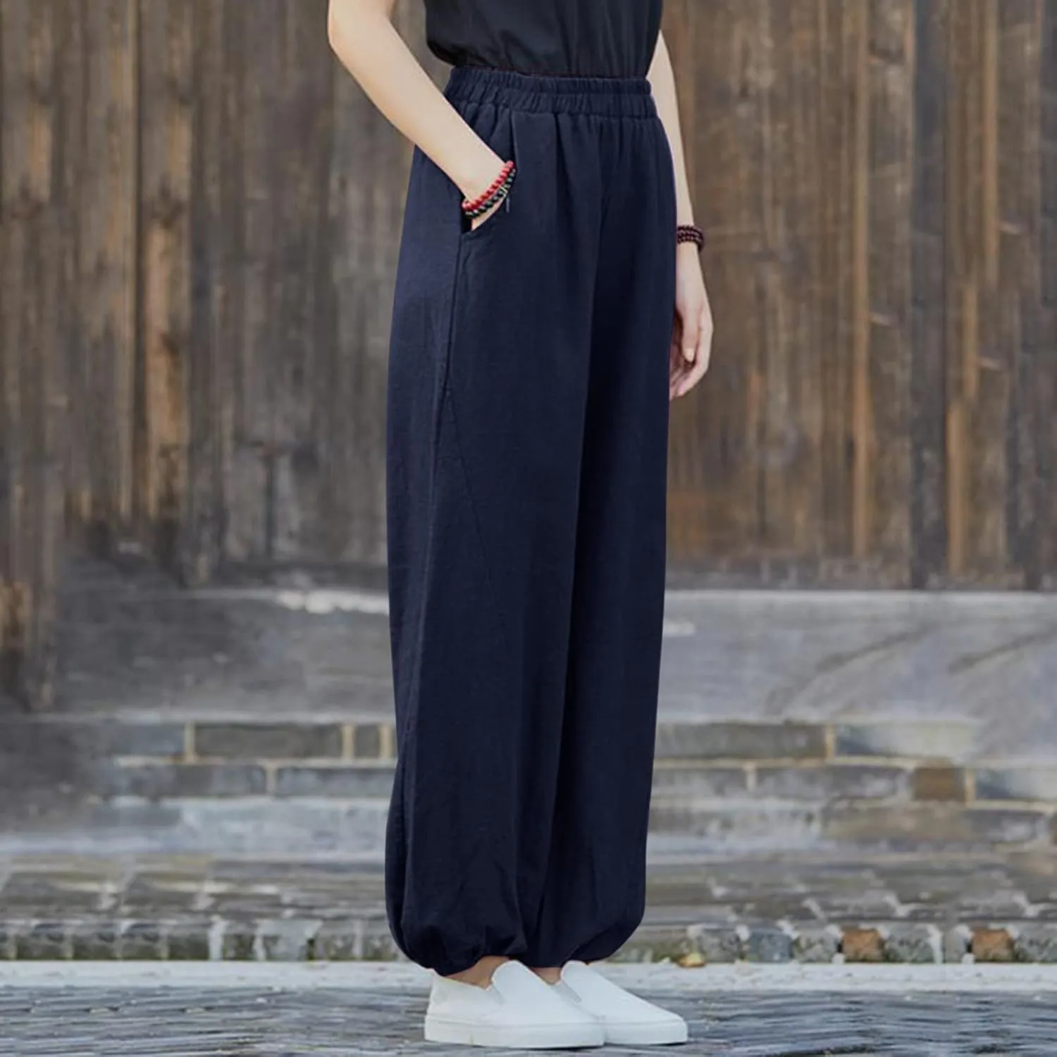 Women's Parachute Pants Joggers Cotton Linen Lounge Sweatpants Elastic Waist Casual Running Track Pants with Pockets