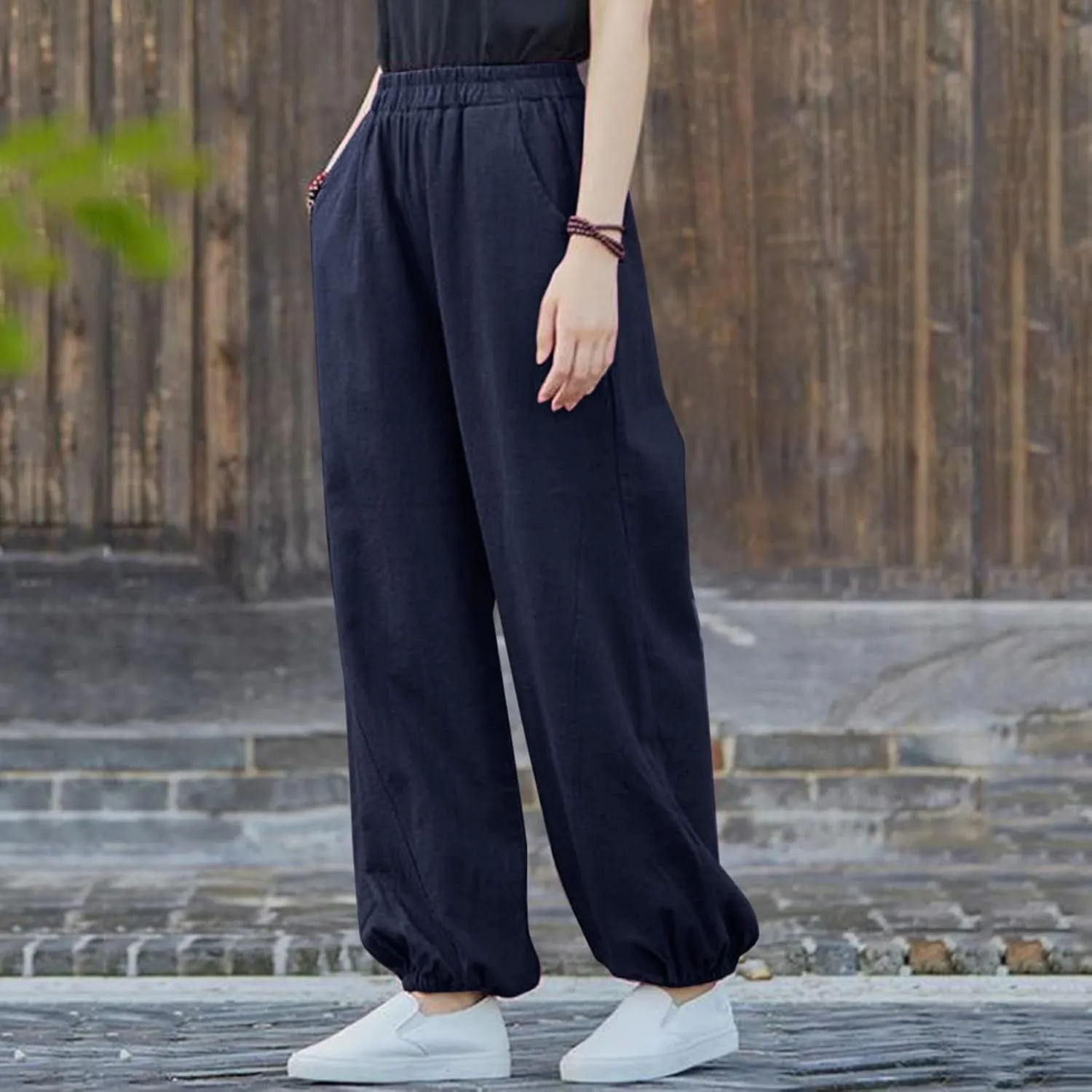 Women's Parachute Pants Joggers Cotton Linen Lounge Sweatpants Elastic Waist Casual Running Track Pants with Pockets