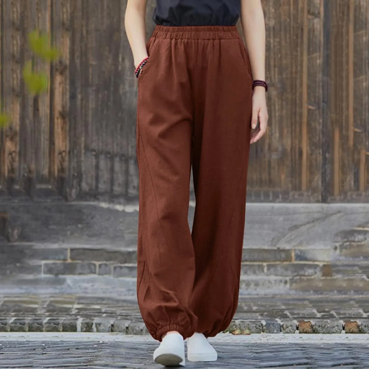 Women's Parachute Pants Joggers Cotton Linen Lounge Sweatpants Elastic Waist Casual Running Track Pants with Pockets