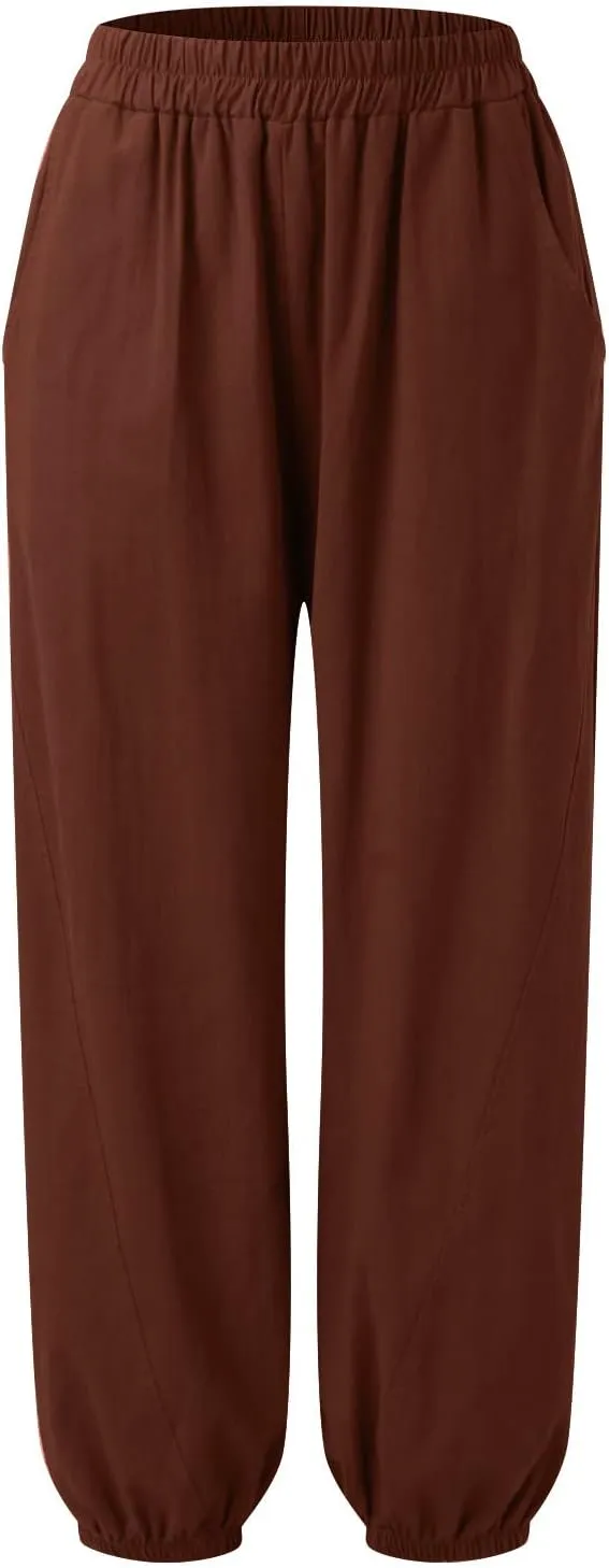 Women's Parachute Pants Joggers Cotton Linen Lounge Sweatpants Elastic Waist Casual Running Track Pants with Pockets