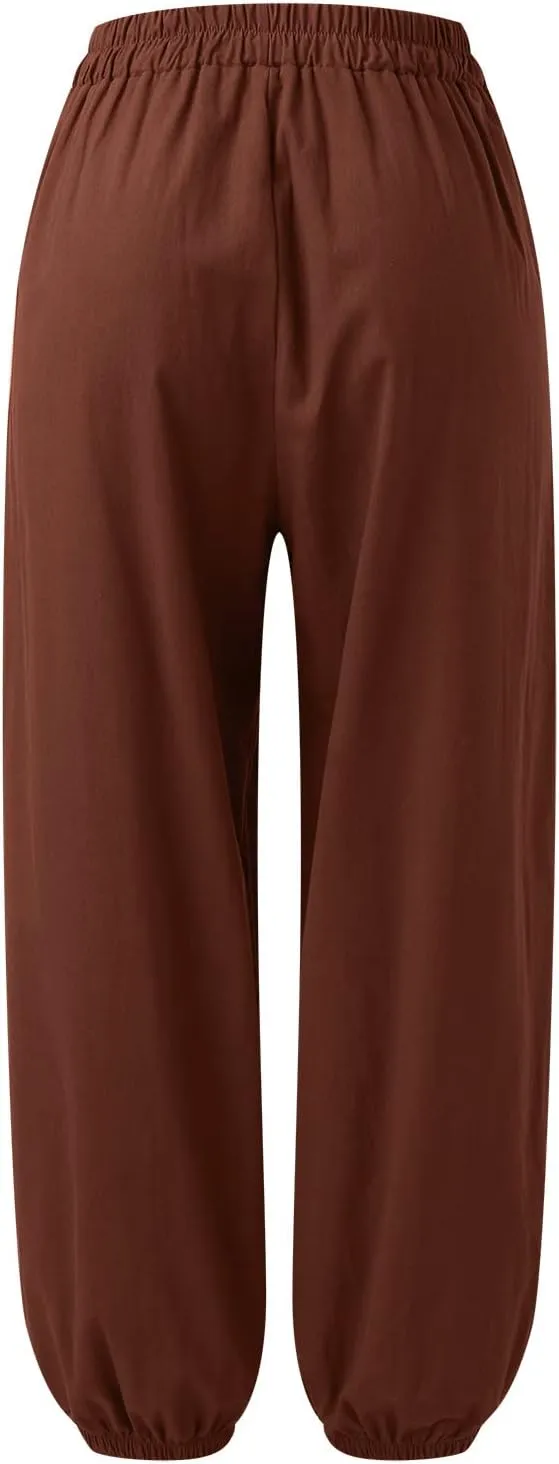 Women's Parachute Pants Joggers Cotton Linen Lounge Sweatpants Elastic Waist Casual Running Track Pants with Pockets