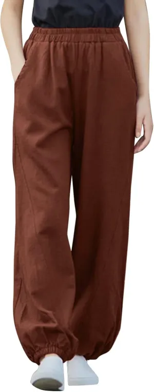 Women's Parachute Pants Joggers Cotton Linen Lounge Sweatpants Elastic Waist Casual Running Track Pants with Pockets