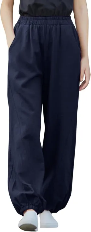Women's Parachute Pants Joggers Cotton Linen Lounge Sweatpants Elastic Waist Casual Running Track Pants with Pockets