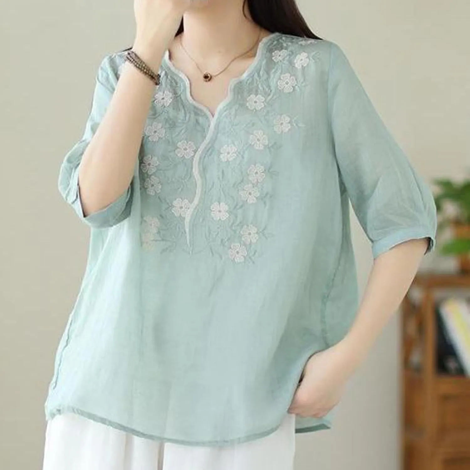 Womens Peasant Tops and Blouses Summer Embroidered Cotton Linen Shirt Casual Bohemian Short Sleeve Tshirts