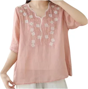 Womens Peasant Tops and Blouses Summer Embroidered Cotton Linen Shirt Casual Bohemian Short Sleeve Tshirts