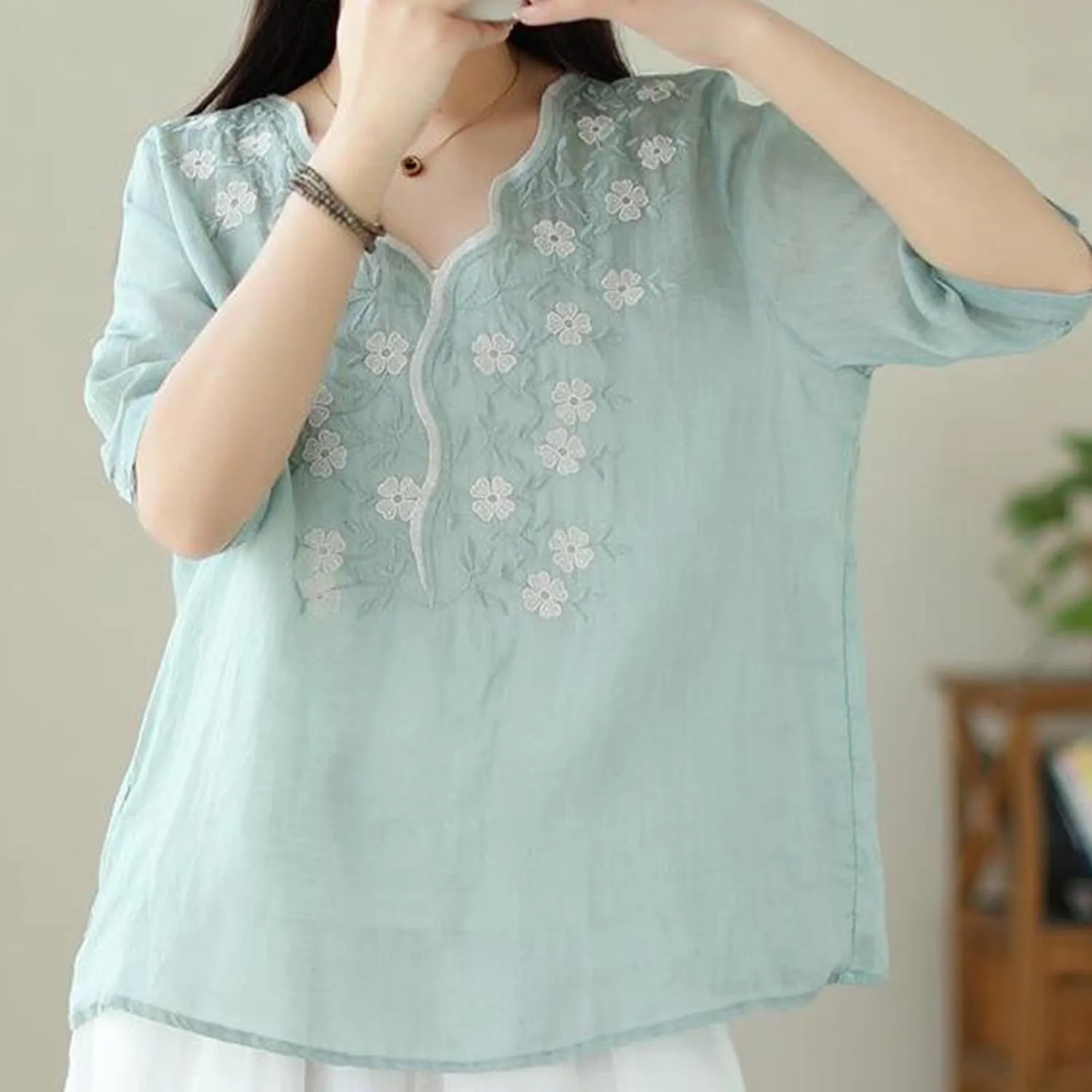 Womens Peasant Tops and Blouses Summer Embroidered Cotton Linen Shirt Casual Bohemian Short Sleeve Tshirts