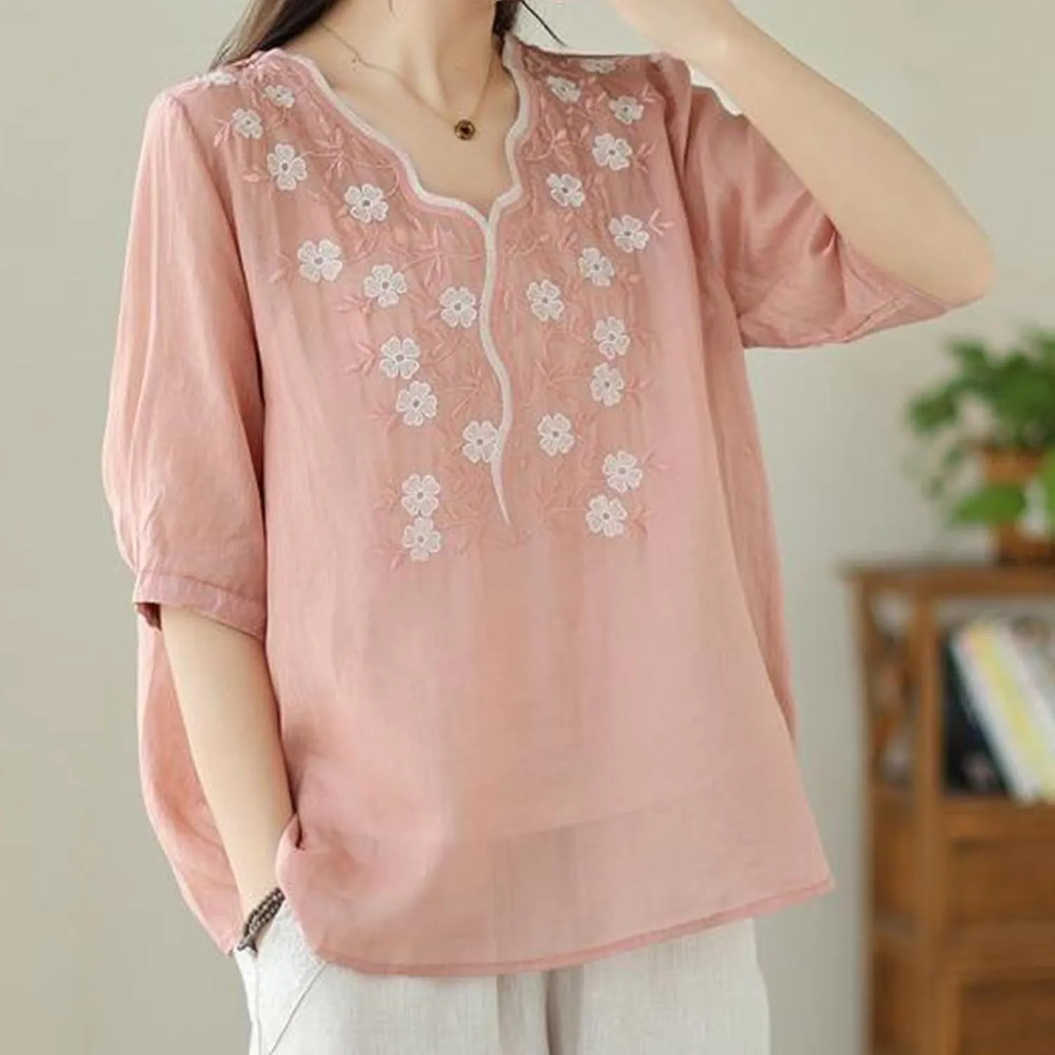 Womens Peasant Tops and Blouses Summer Embroidered Cotton Linen Shirt Casual Bohemian Short Sleeve Tshirts