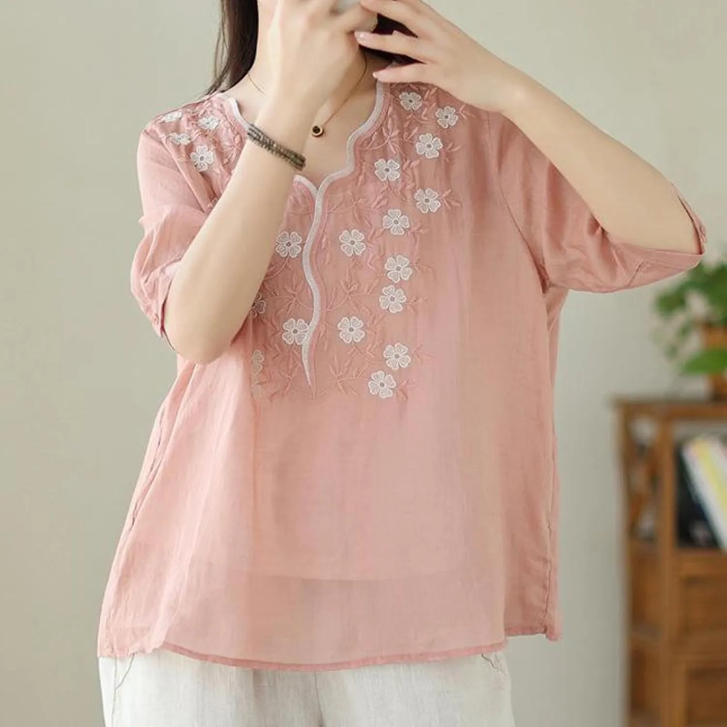 Womens Peasant Tops and Blouses Summer Embroidered Cotton Linen Shirt Casual Bohemian Short Sleeve Tshirts