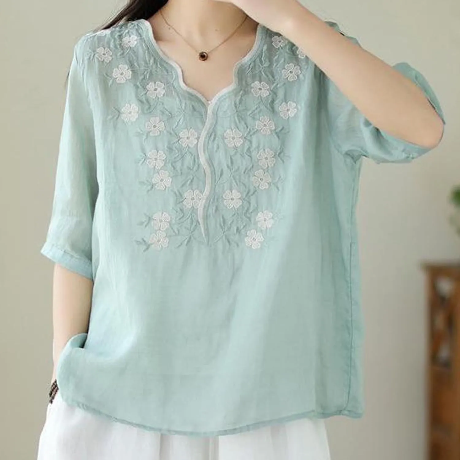 Womens Peasant Tops and Blouses Summer Embroidered Cotton Linen Shirt Casual Bohemian Short Sleeve Tshirts