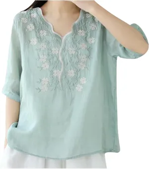 Womens Peasant Tops and Blouses Summer Embroidered Cotton Linen Shirt Casual Bohemian Short Sleeve Tshirts