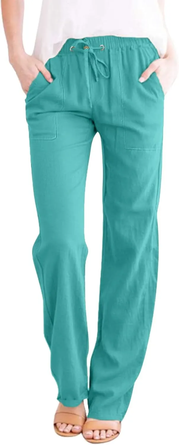Womens Plus Size Casual Pants Drawstring Elastic Waist Wide Leg Pants Comfy Loose Straight Leg Palazzo Lounge Trouser