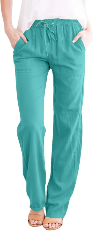 Womens Plus Size Casual Pants Drawstring Elastic Waist Wide Leg Pants Comfy Loose Straight Leg Palazzo Lounge Trouser