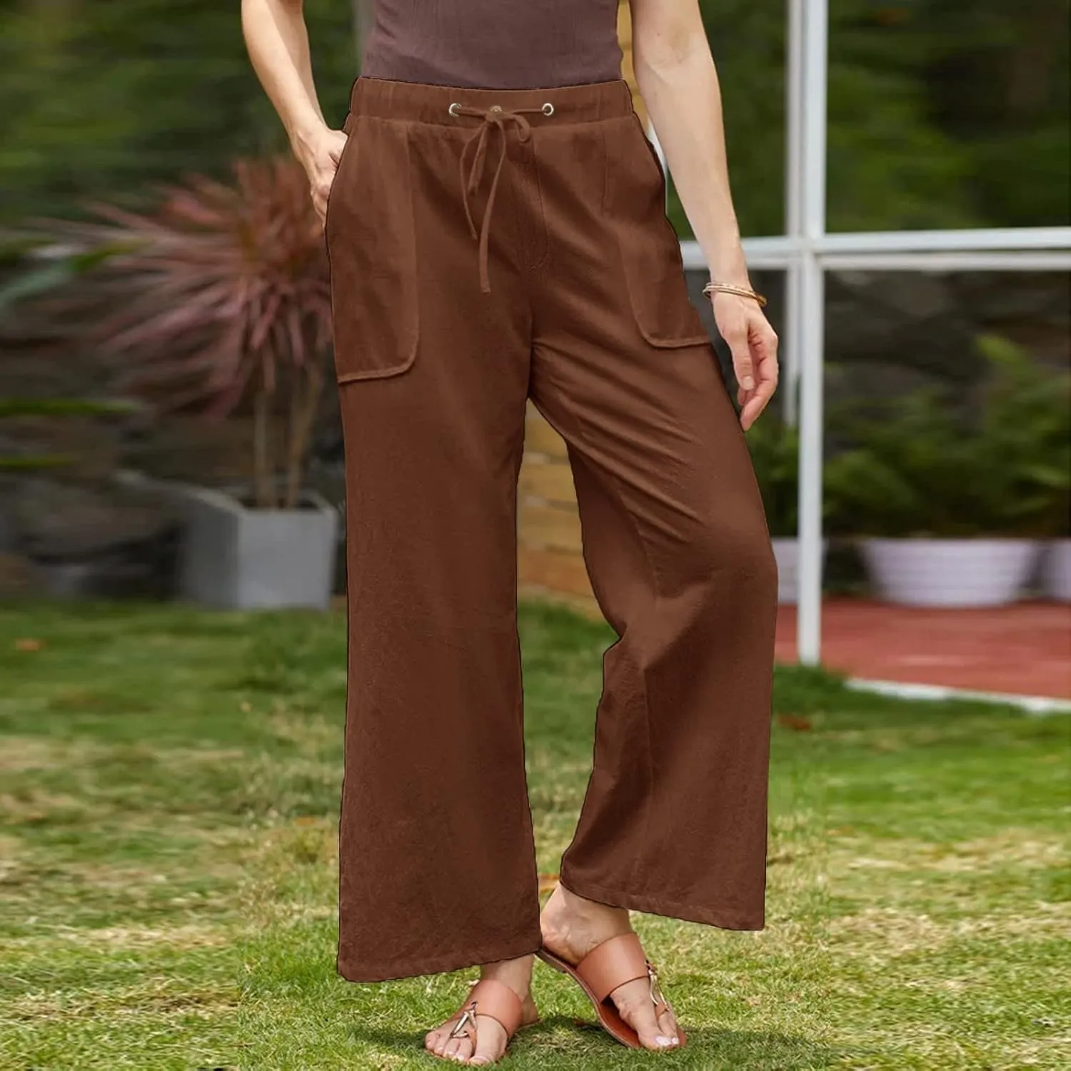 Womens Plus Size Casual Pants Drawstring Elastic Waist Wide Leg Pants Comfy Loose Straight Leg Palazzo Lounge Trouser