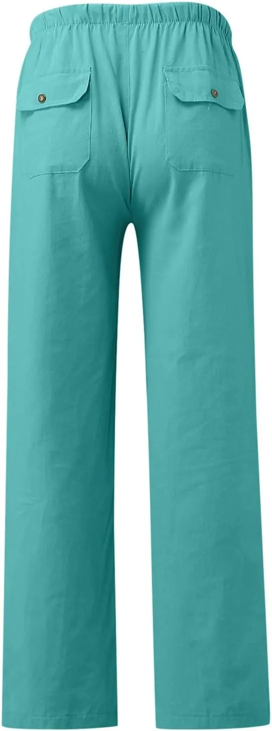Womens Plus Size Casual Pants Drawstring Elastic Waist Wide Leg Pants Comfy Loose Straight Leg Palazzo Lounge Trouser