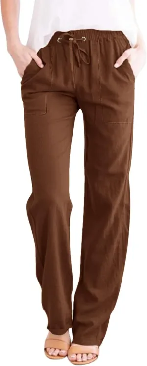 Womens Plus Size Casual Pants Drawstring Elastic Waist Wide Leg Pants Comfy Loose Straight Leg Palazzo Lounge Trouser