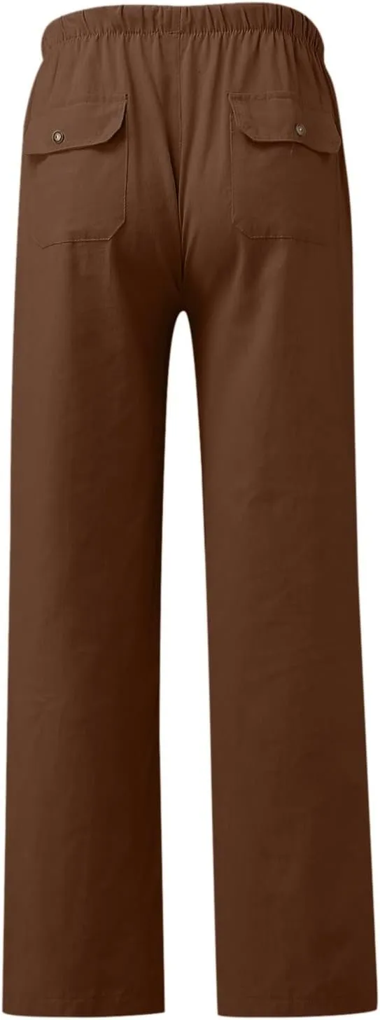 Womens Plus Size Casual Pants Drawstring Elastic Waist Wide Leg Pants Comfy Loose Straight Leg Palazzo Lounge Trouser