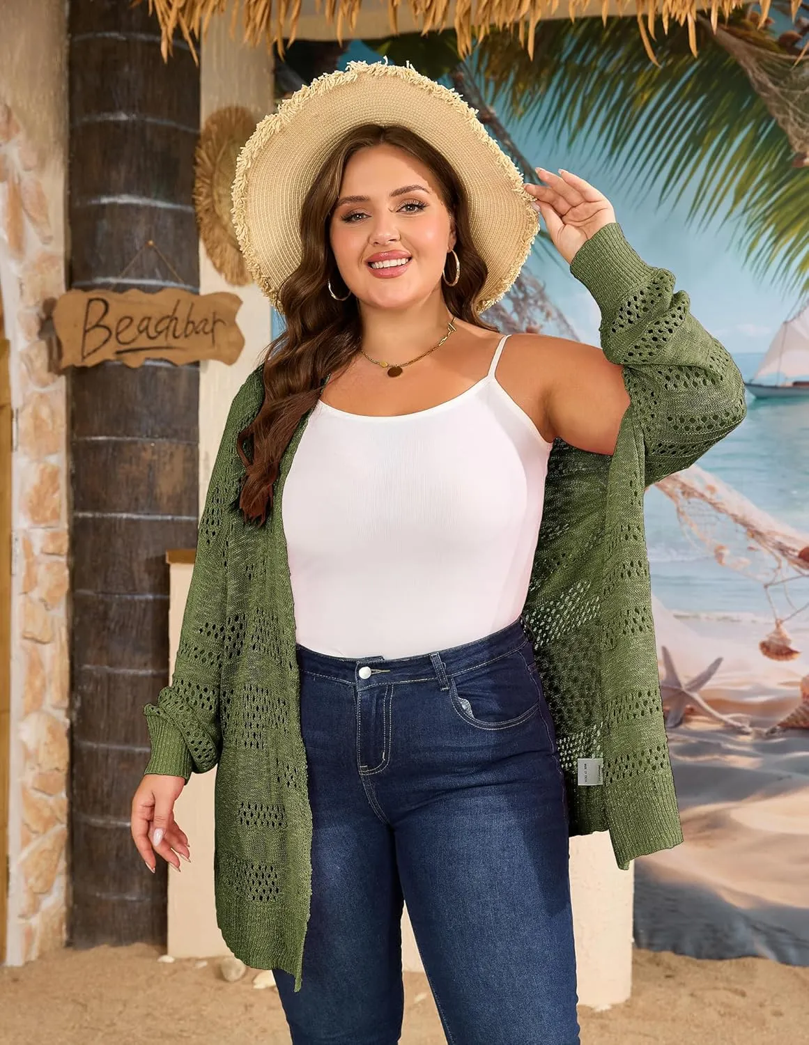 Women's Plus Size Crochet Cardigan Kimonos Boho Long Sleeve Oversized Summer Open Front Knitted Sweater Tops